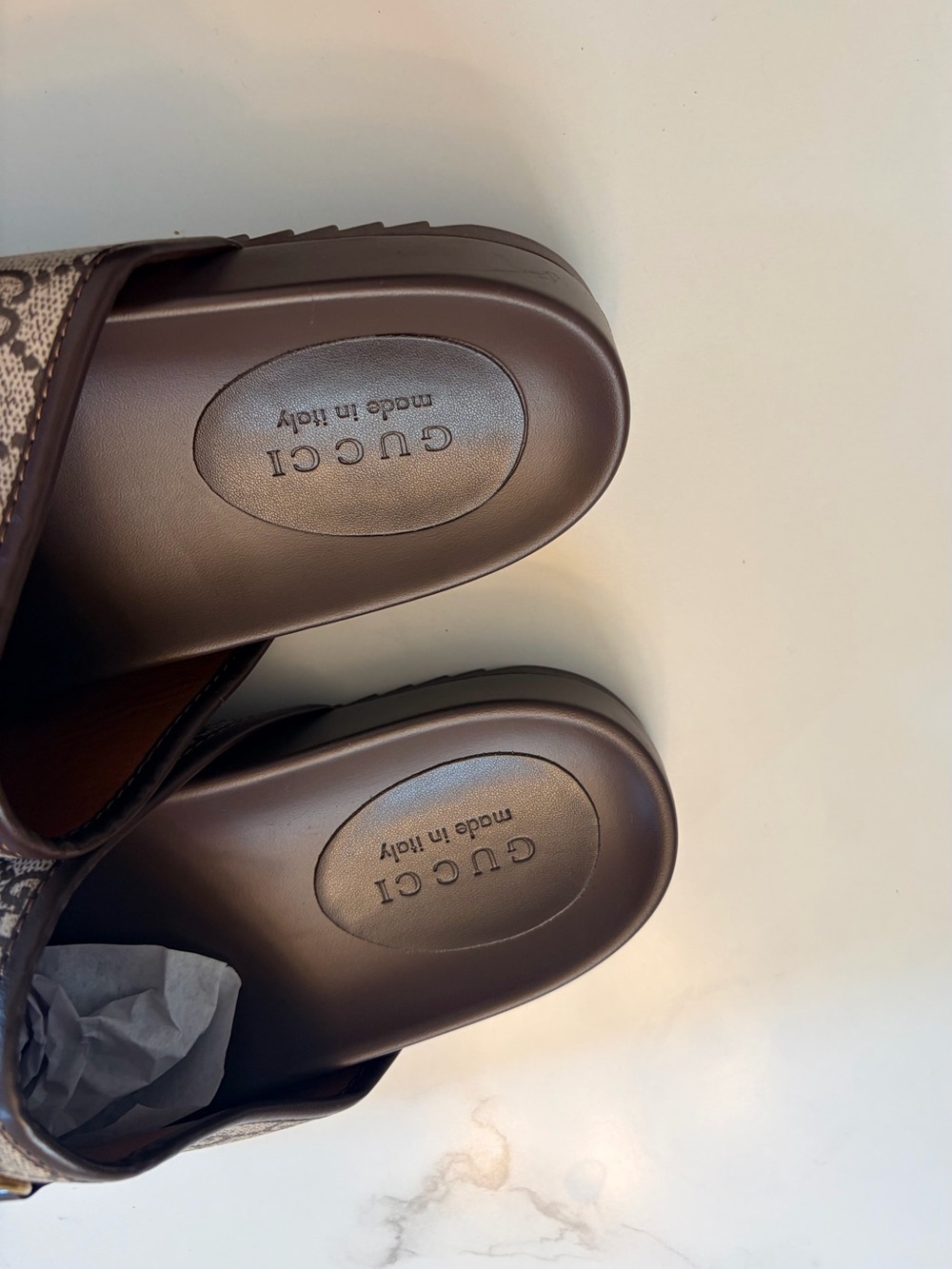 Gucci Brown/Tan GG Canvas Leather Slide Mules with Logo Insole - Size 39 - Picture 3 of 6